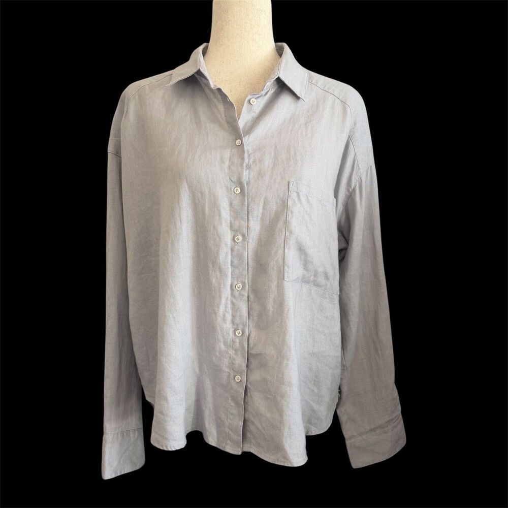 Momni Lagenlook Linen Shirt M Gray Minimalist Coastal Grandma Capsule Box Pleat